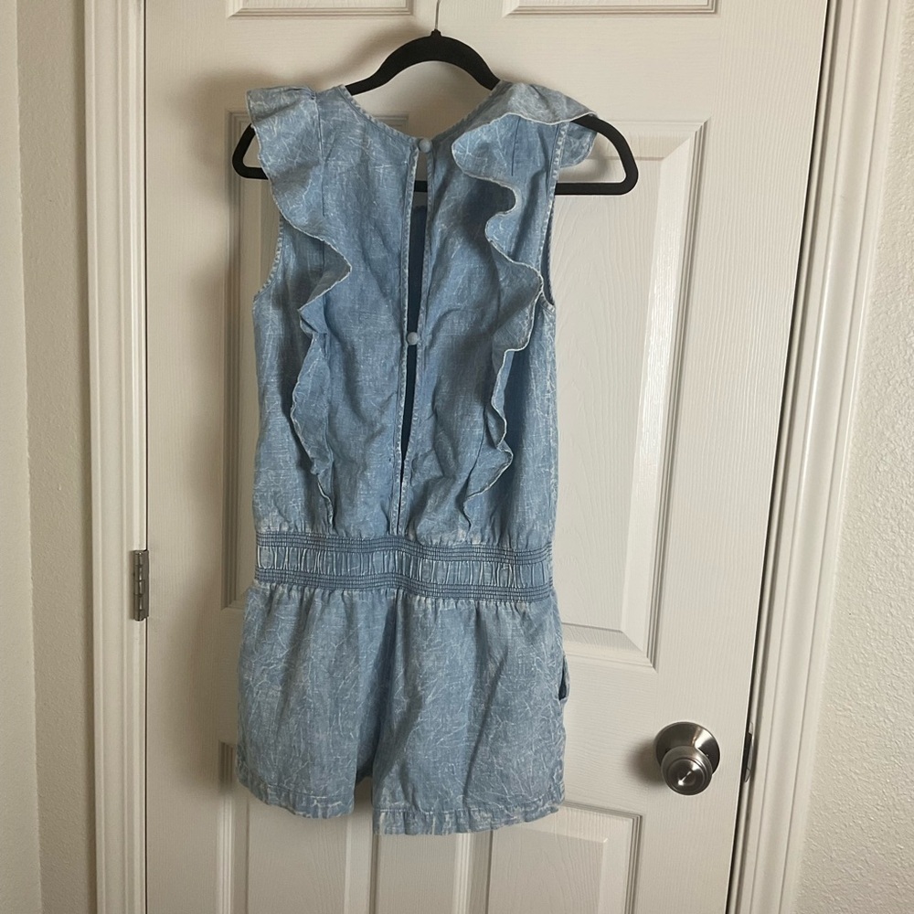 7 For All Mankind Denim Ruffle Romper Size Small Blue Acid Wash Jumpsuit - Picture 13 of 15